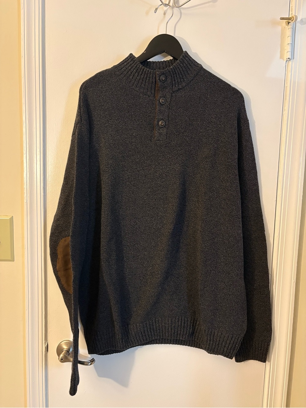 Chaps Dark Charcoal Zip-Neck Sweater with Brown Elbow Patches